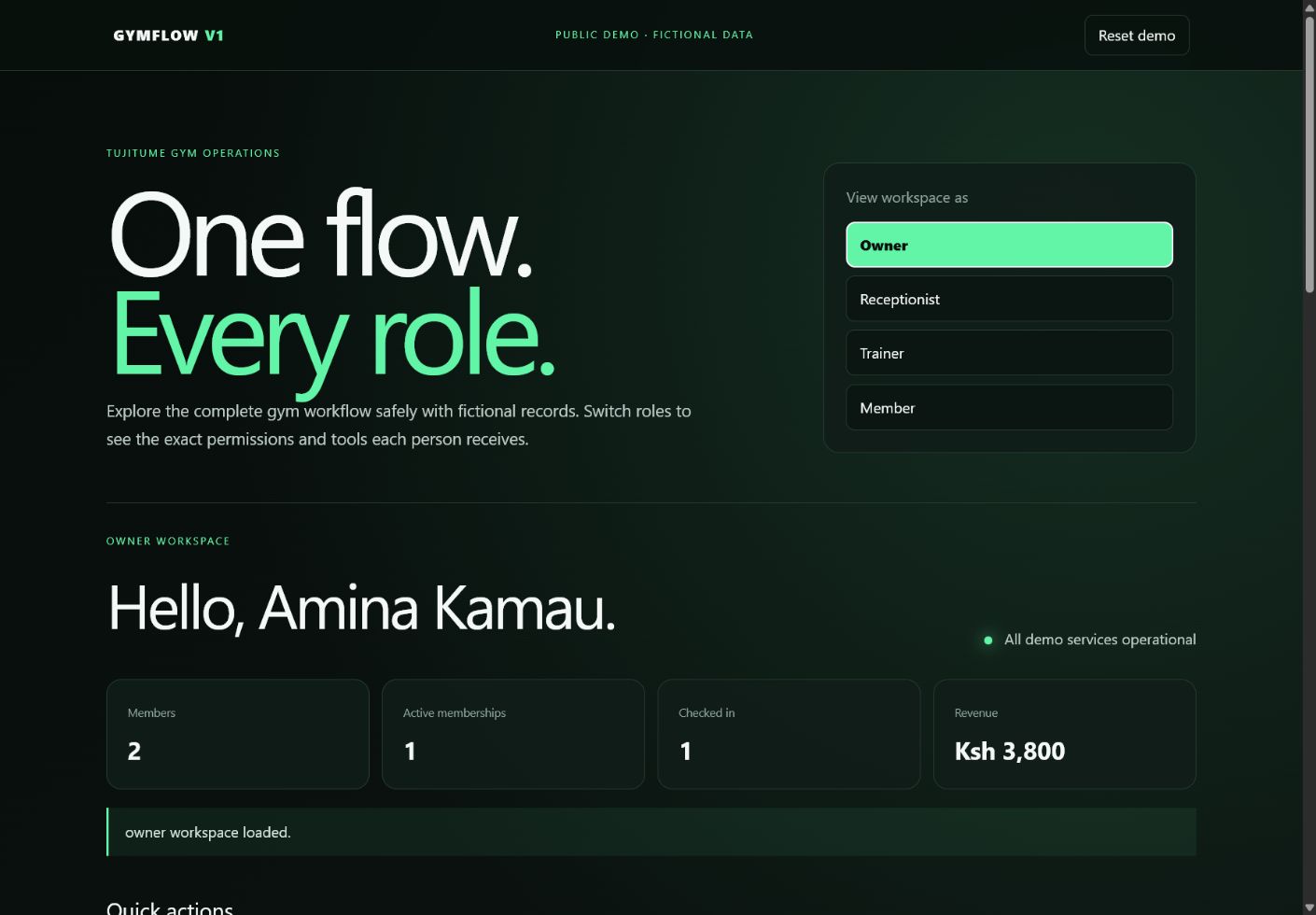 GymFlow owner dashboard showing revenue, members and attendance